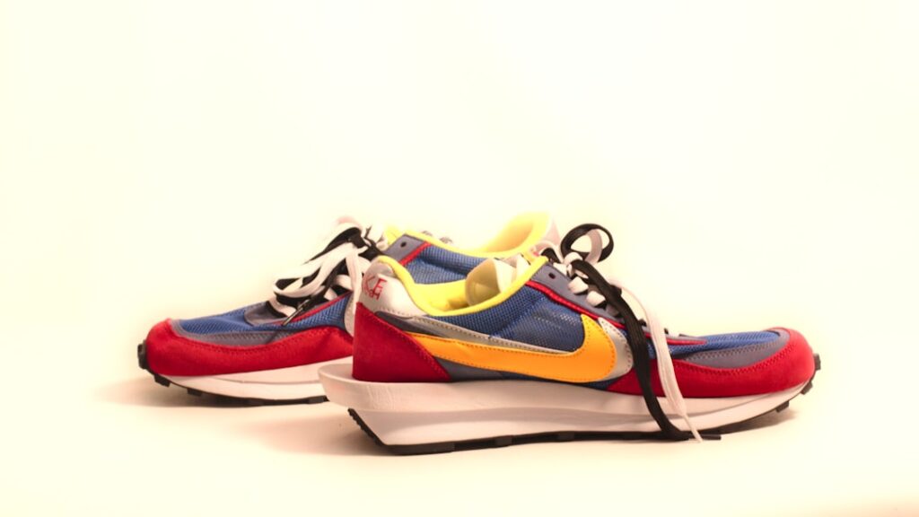 A pair of colorful sneakers on a white background